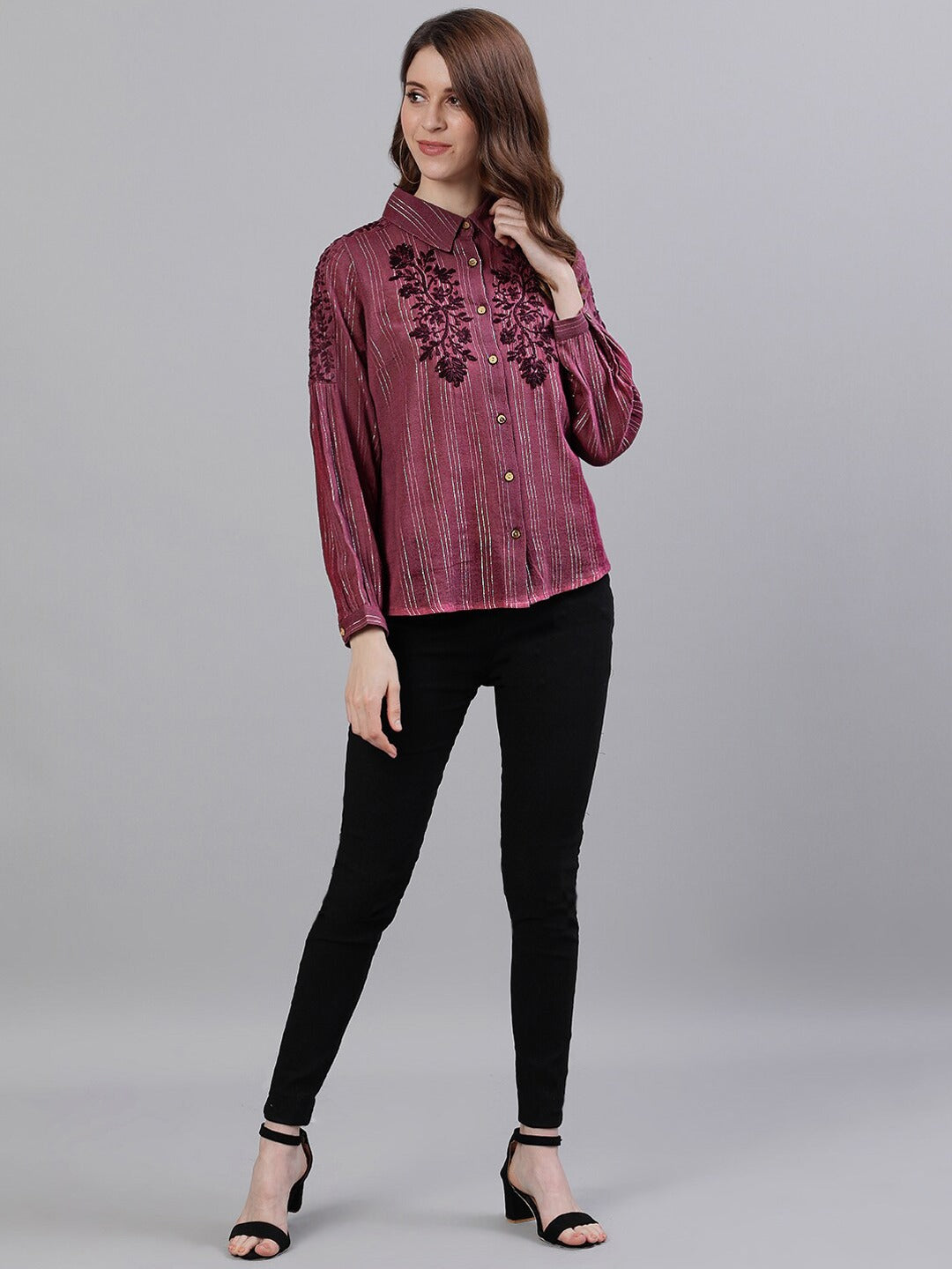 Ishin Women's Purple Floral Striped Embroidered Shirt Style Top