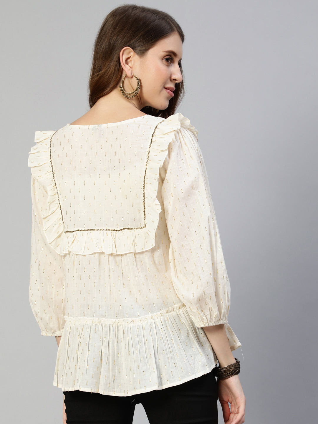 Ishin Women's Off White Ruffled Pure Cotton Lurex Embroidered Tiered A-Line Top