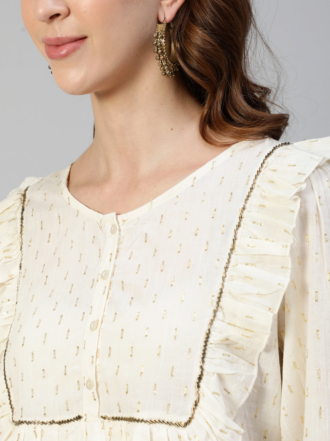 Ishin Women's Off White Ruffled Pure Cotton Lurex Embroidered Tiered A-Line Top