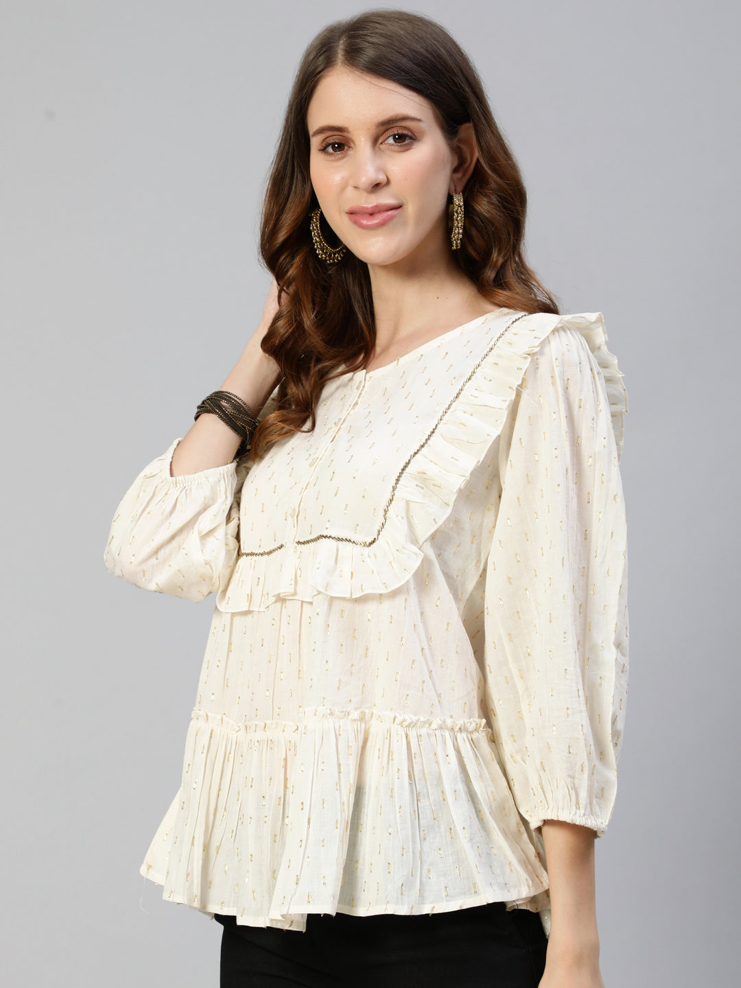 Ishin Women's Off White Ruffled Pure Cotton Lurex Embroidered Tiered A-Line Top
