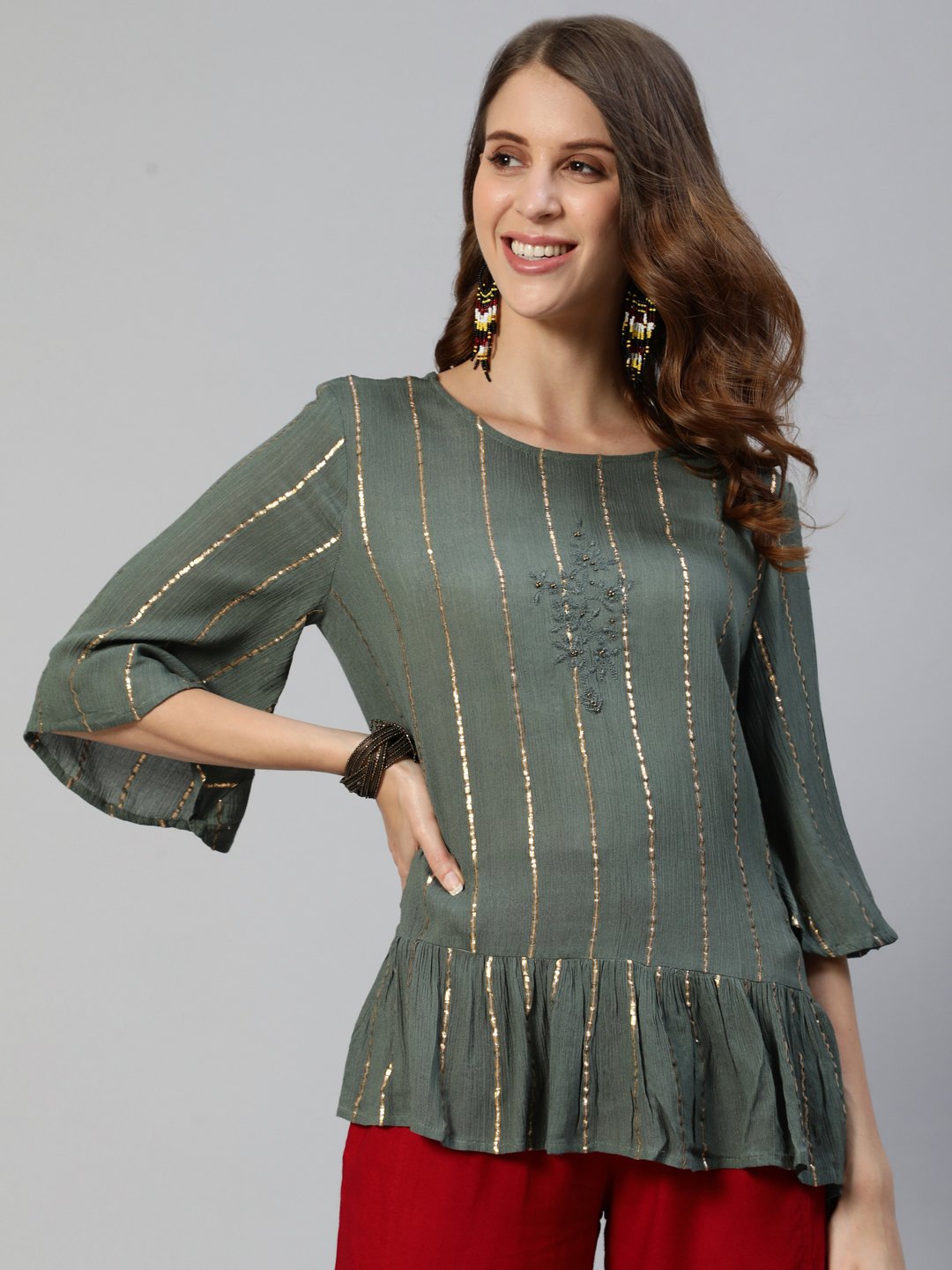 Ishin Women's Rayon Green Lurex Embroidered A-Line Top