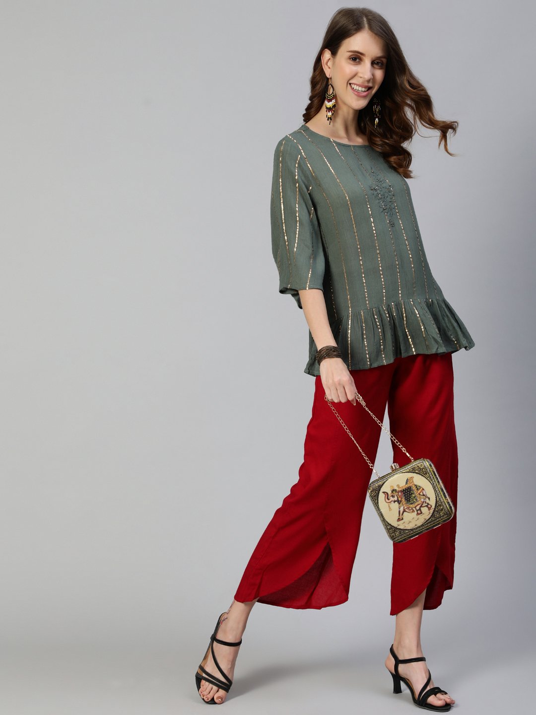 Ishin Women's Rayon Green Lurex Embroidered A-Line Top