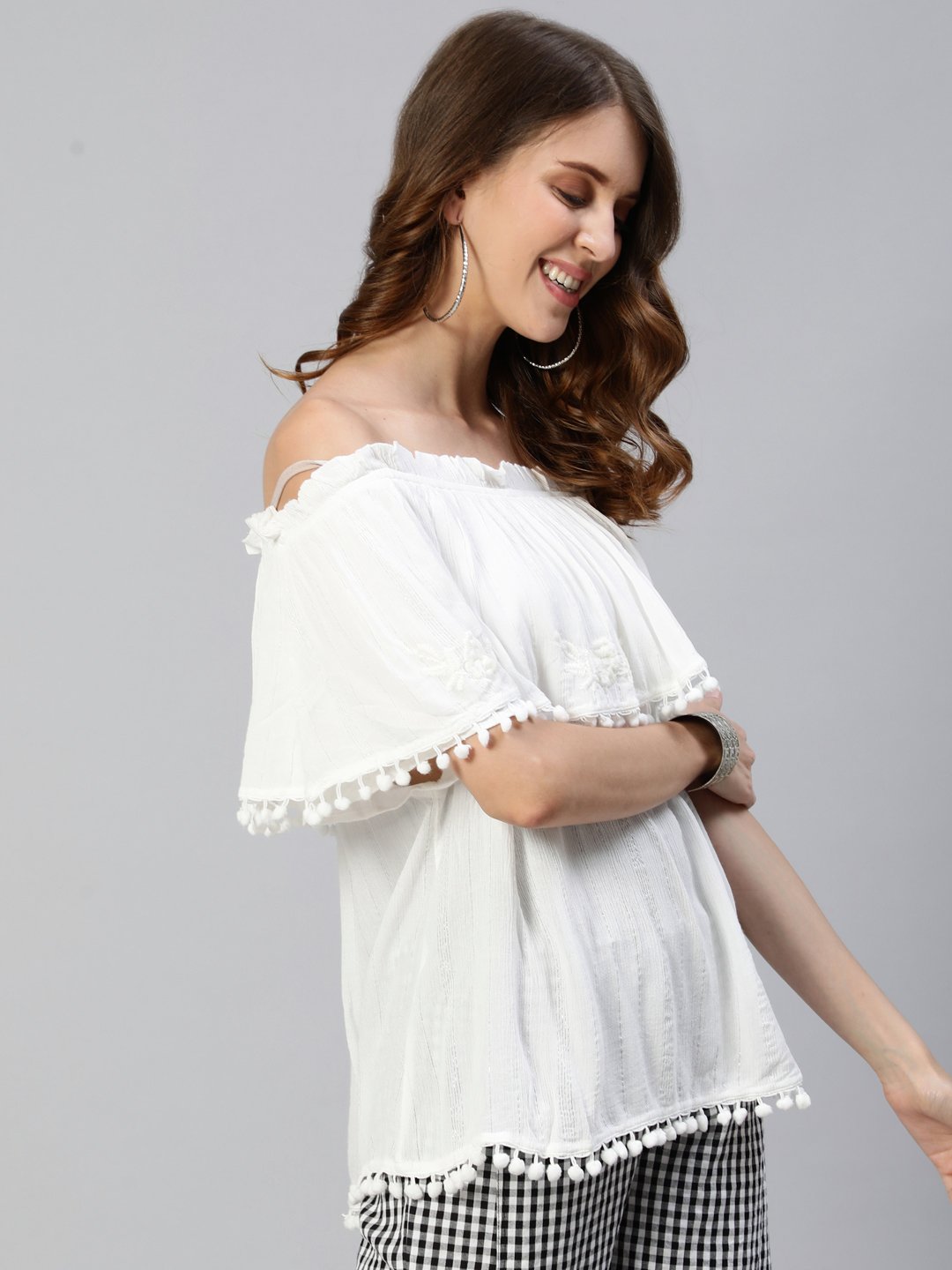 Ishin Women's White Pure Cotton Embroidered Bardot Top