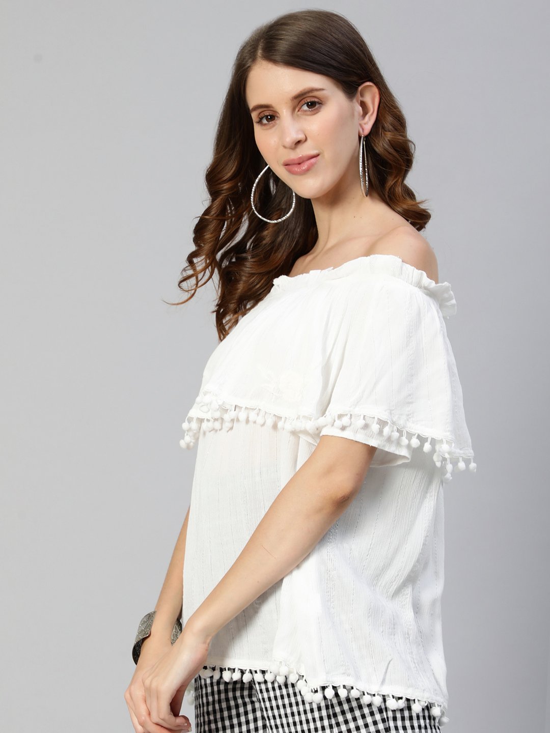 Ishin Women's White Pure Cotton Embroidered Bardot Top