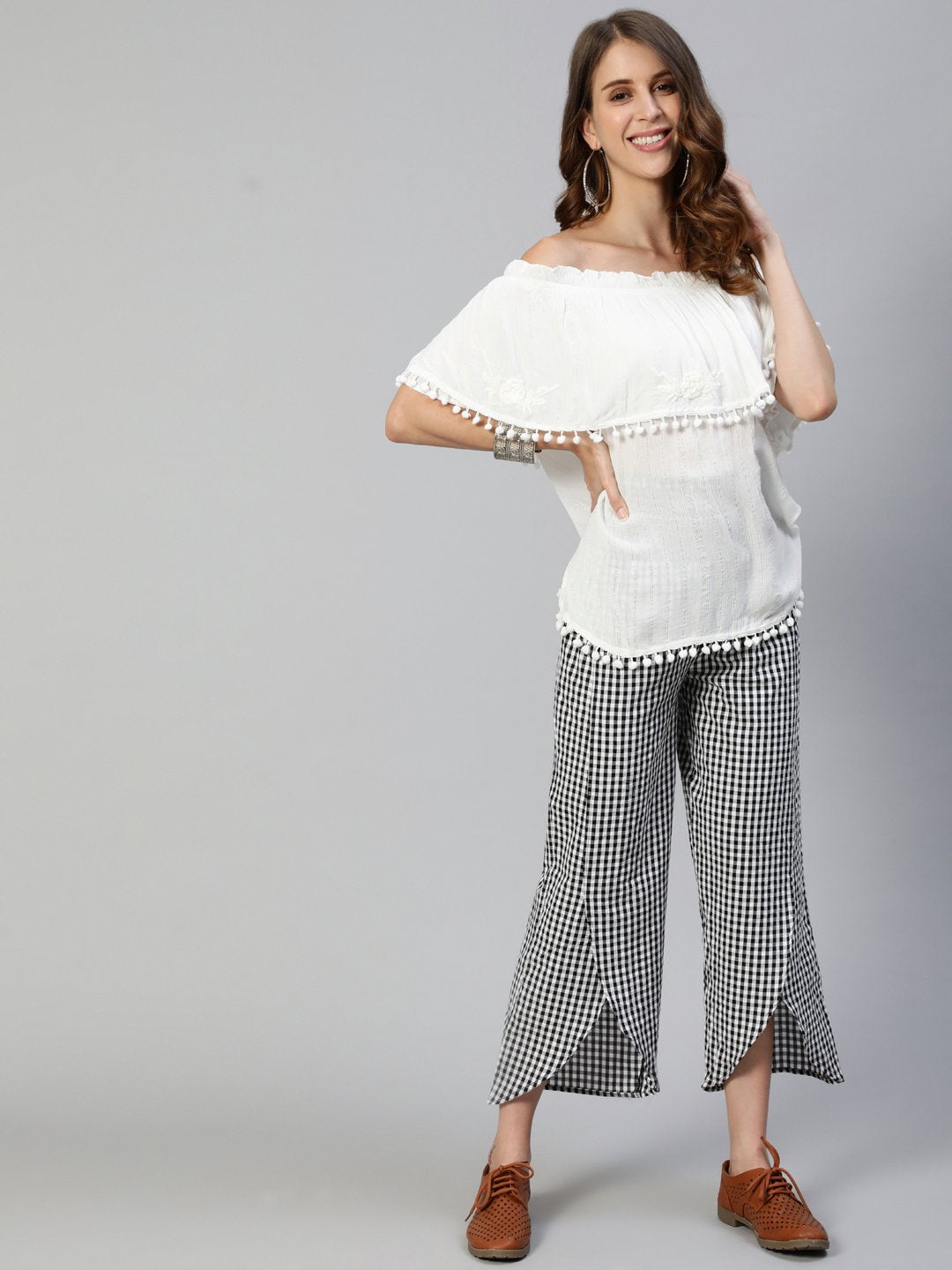 Ishin Women's White Pure Cotton Embroidered Bardot Top