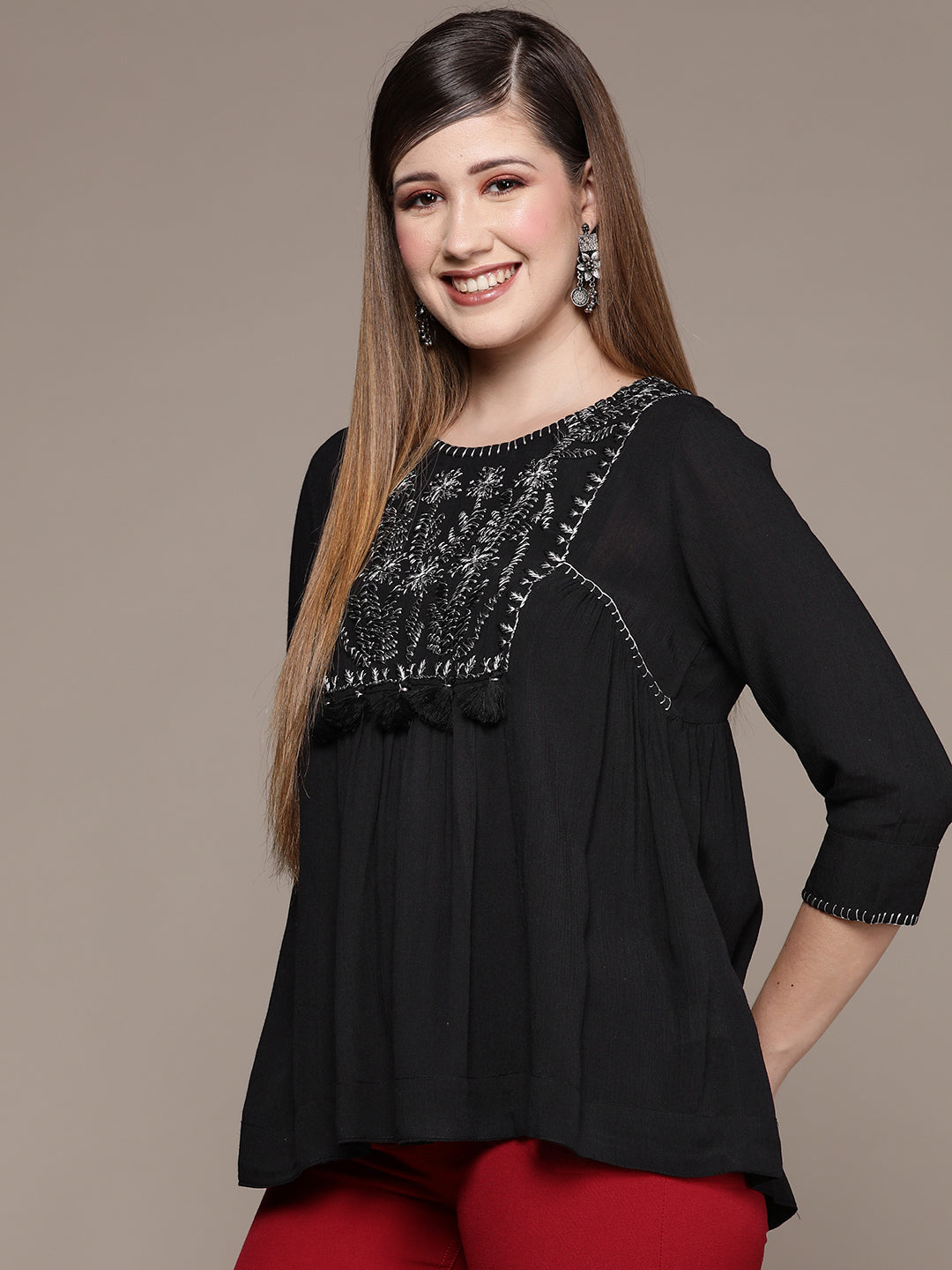 Ishin Women's Black Embroidered A-Line Top