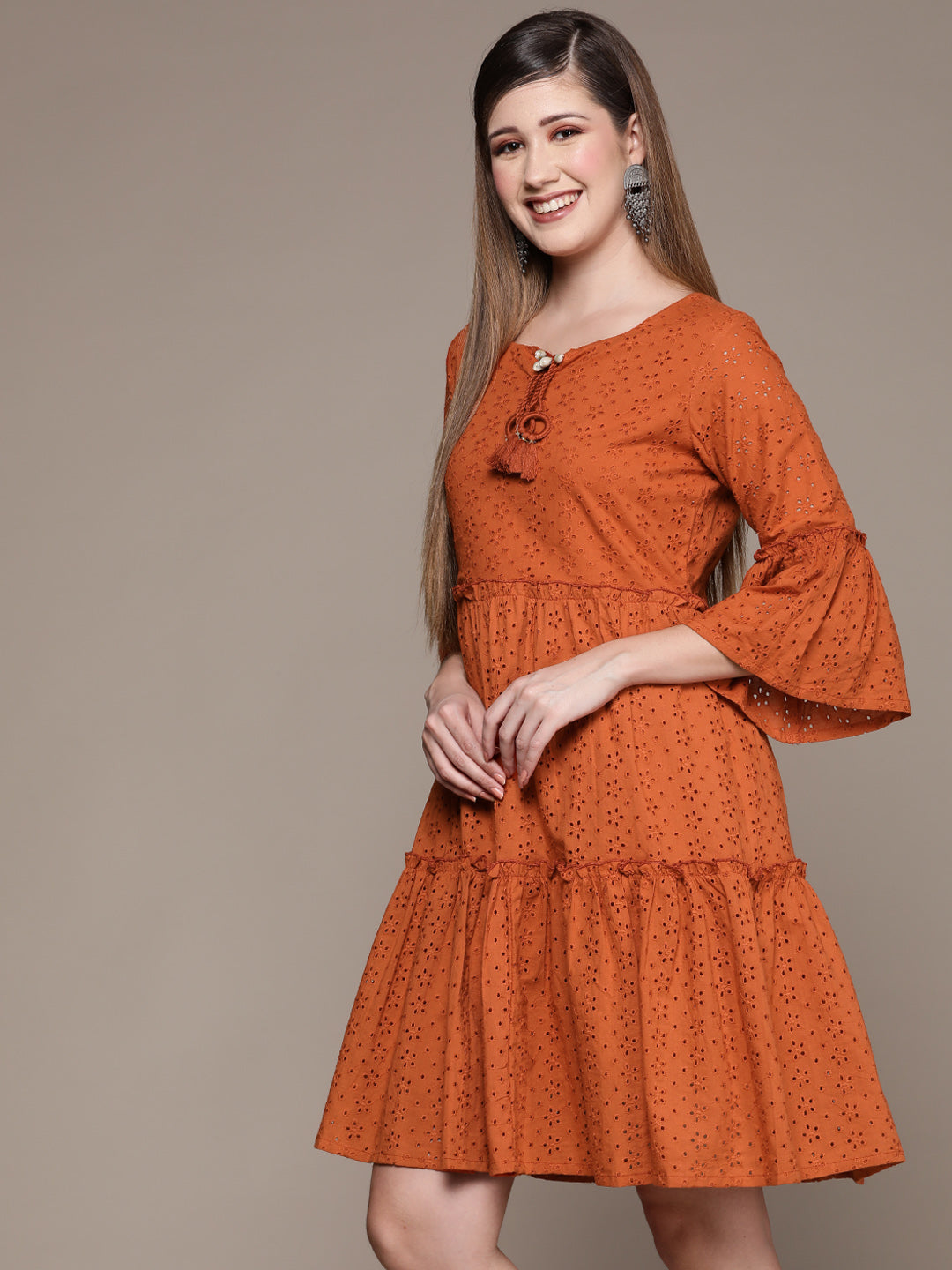 Ishin Women's Orange Schiffli Tiered Dress