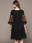 Women Black & Green Floral Embroidered Tiered A-Line Dress