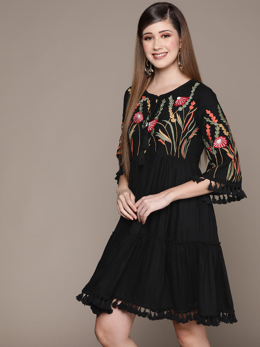 Buy Women Black & Green Floral Embroidered Tiered A-Line Dress Online Buy Women Black & Green Floral Embroidered Tiered A-Line Dress Online