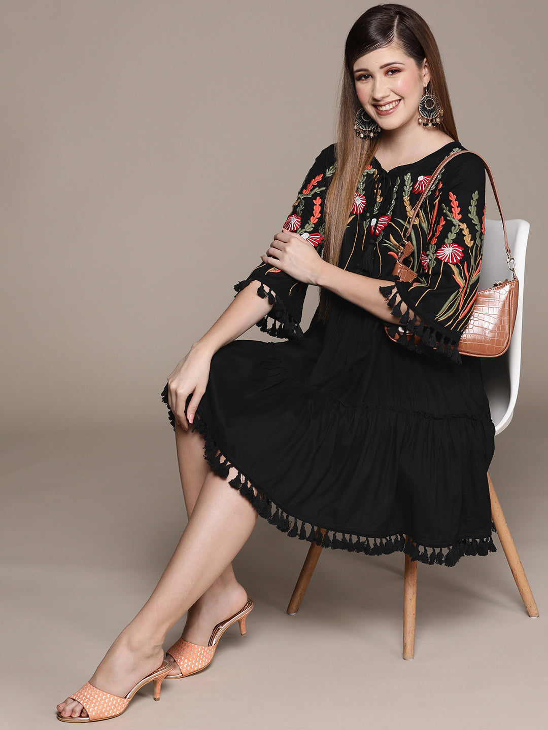 Buy Women Black & Green Floral Embroidered Tiered A-Line Dress Online Buy Women Black & Green Floral Embroidered Tiered A-Line Dress Online