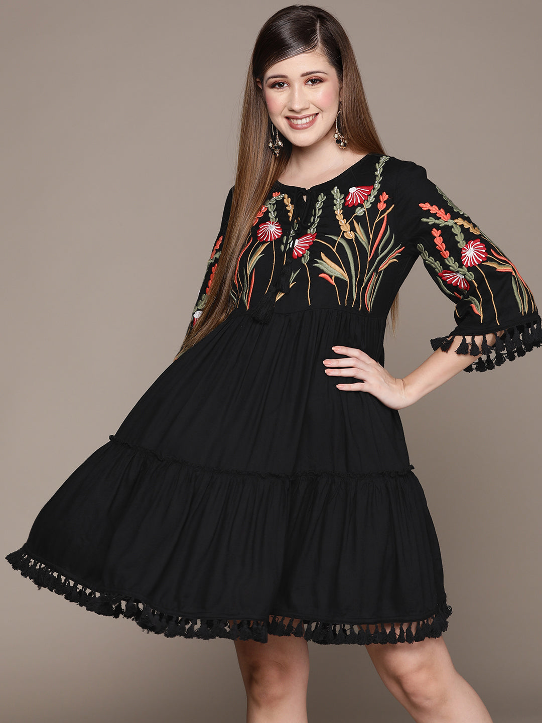 Women Black & Green Floral Embroidered Tiered A-Line Dress
