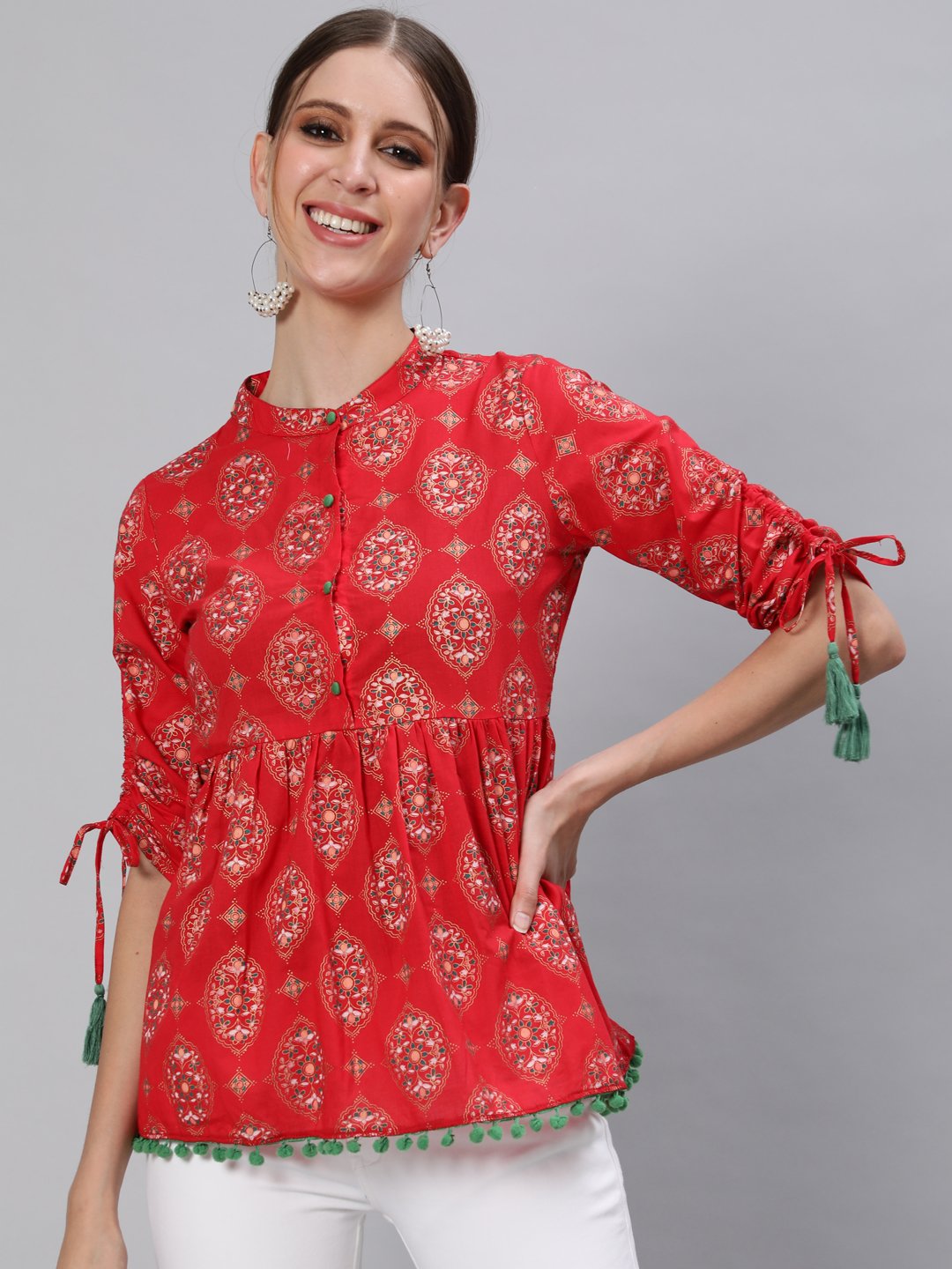 Ishin Women's Cotton Red Floral Printed A-Line Top