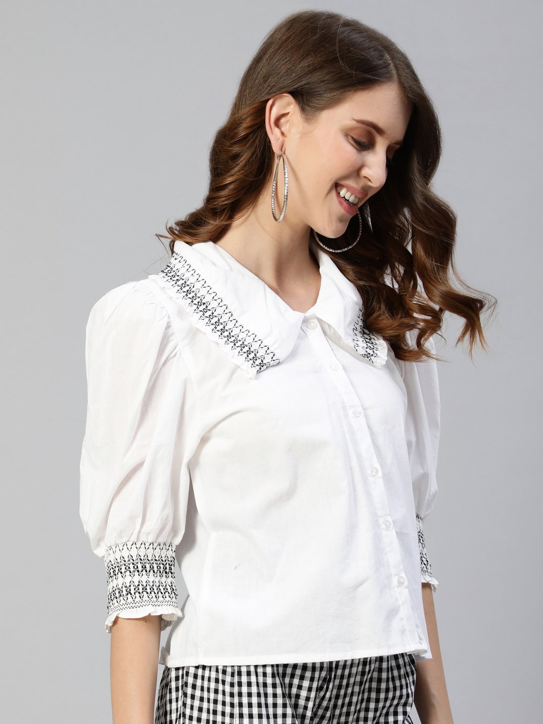 Ishin Women's White Pure Cotton Shirt Style Crop Top