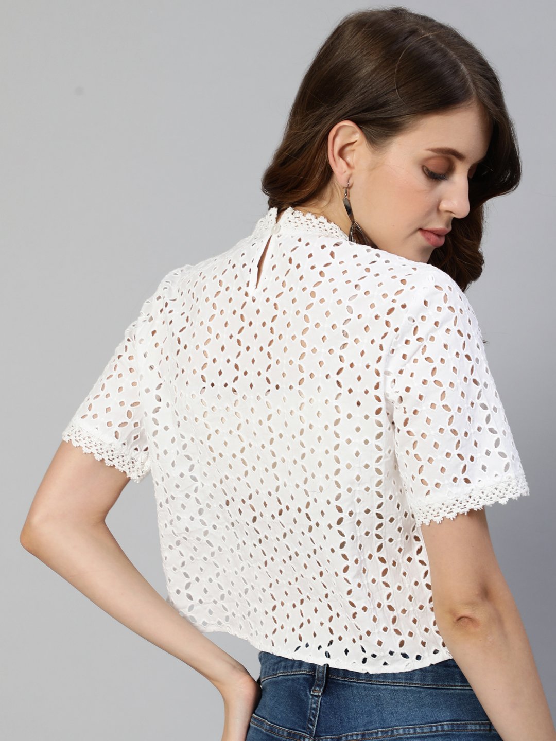 Ishin Women's White Pure Cotton Sciffli Embroidered Crop Top