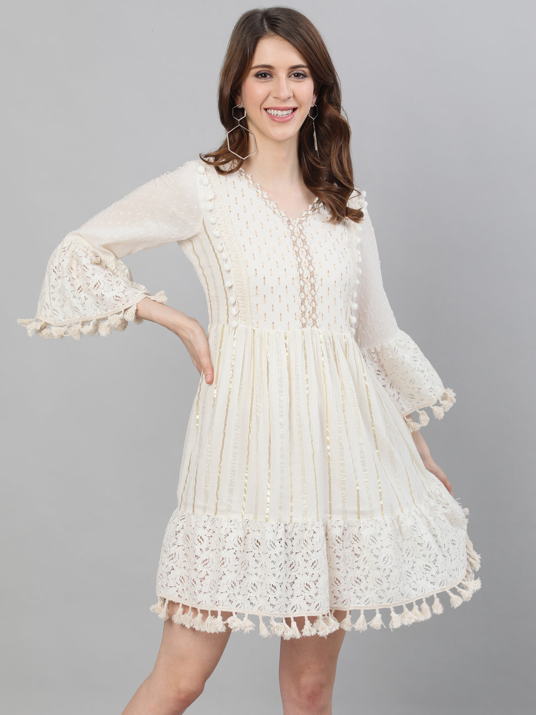 Ishin Women's Cotton Off White Lurex Embellished A-Line Dress