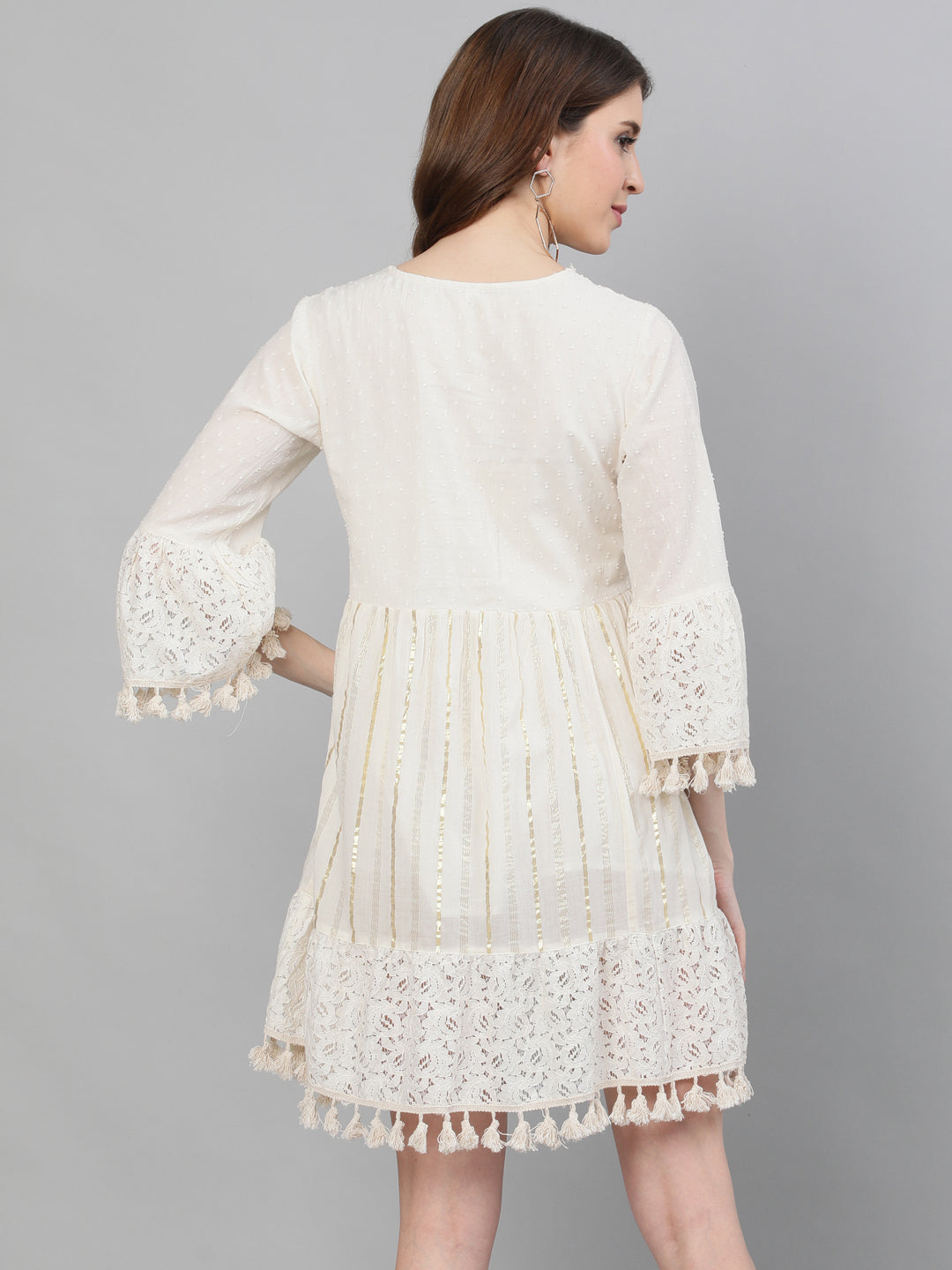 Ishin Women's Cotton Off White Lurex Embellished A-Line Dress