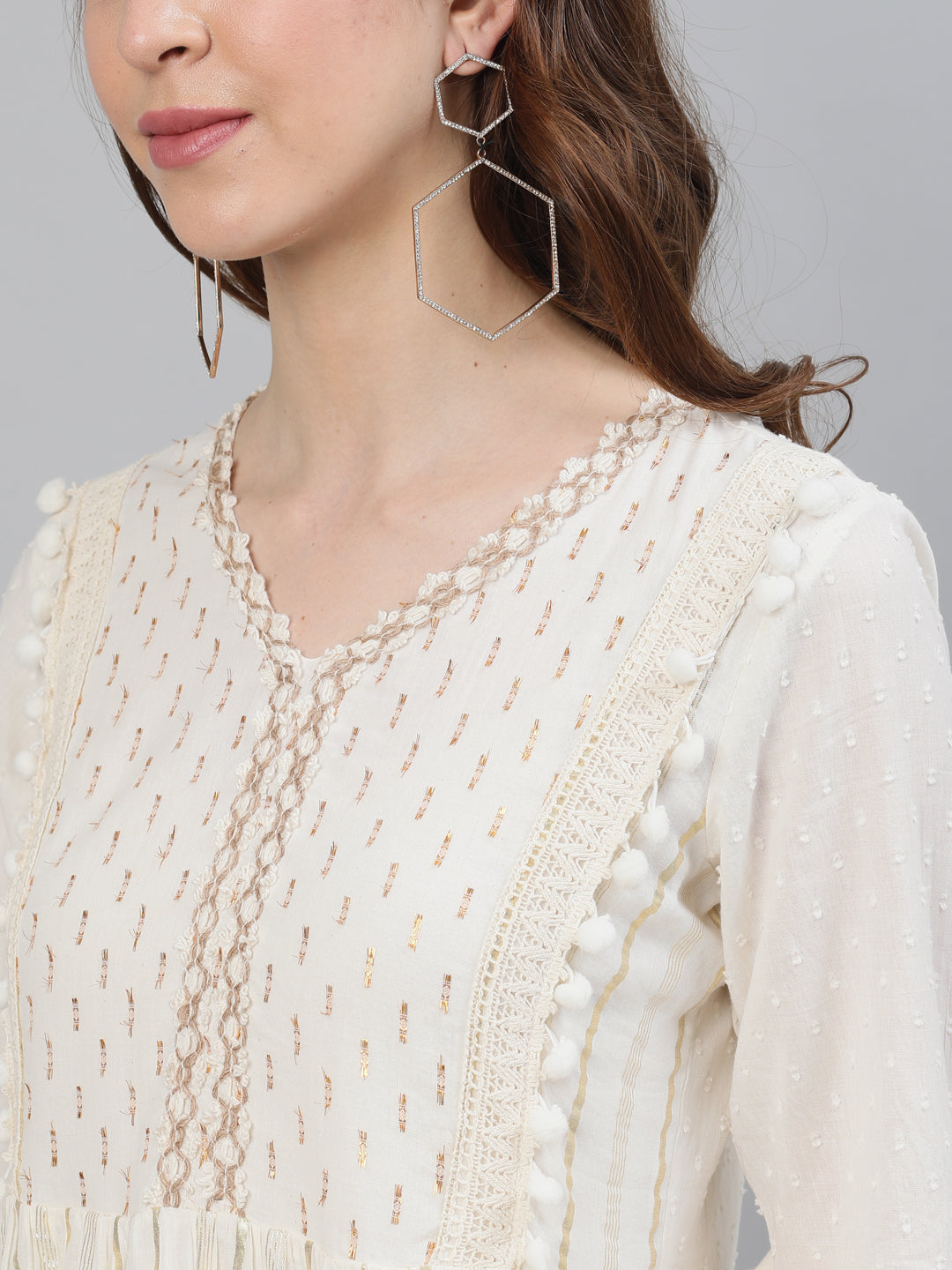Ishin Women's Cotton Off White Lurex Embellished A-Line Dress