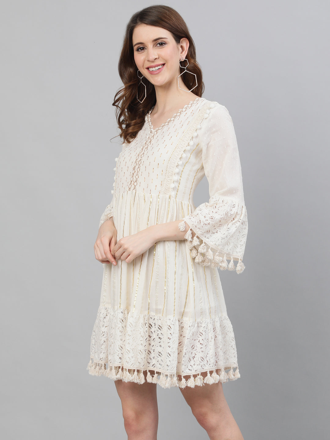 Ishin Women's Cotton Off White Lurex Embellished A-Line Dress