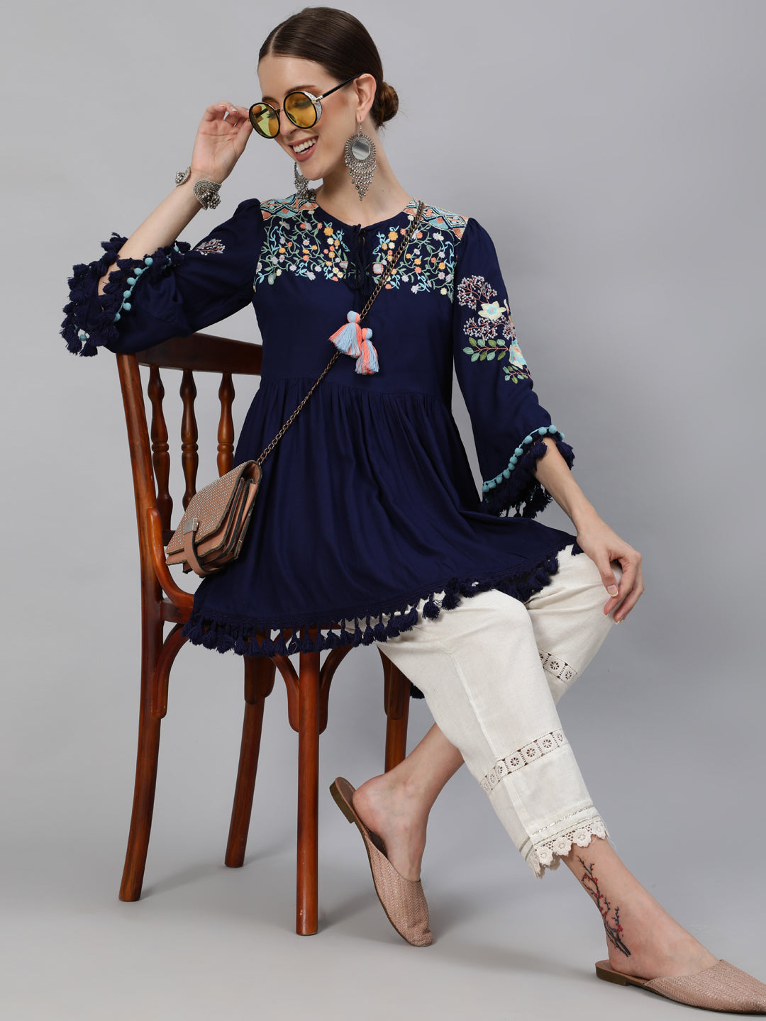 Comfy Navy Blue viscose rayon tassels floral embroidery Fit and Flare top