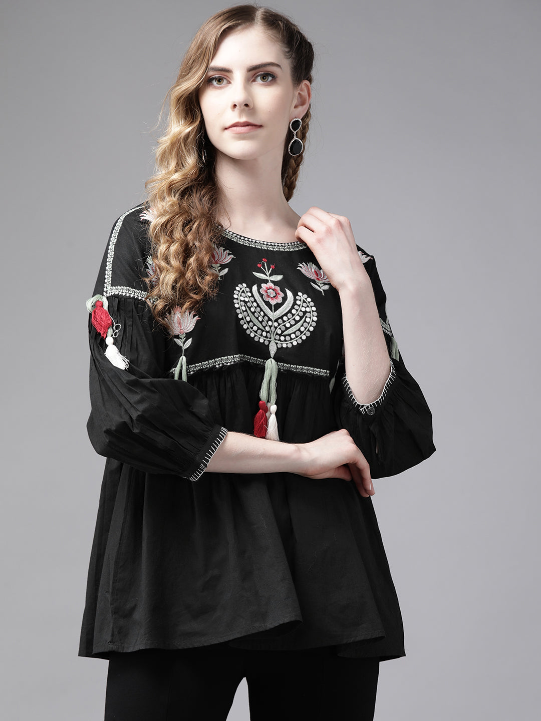 Ishin Women's Black Embroidered Top
