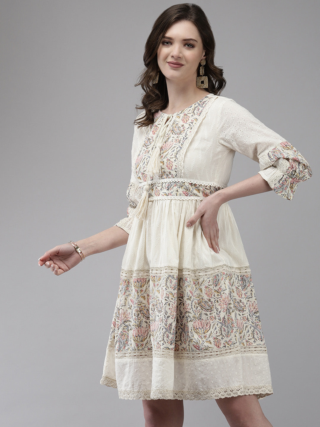 Ishin Women's Cotton Off White Embroidered A-Line Dress