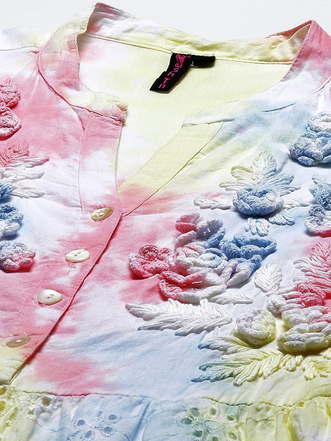 Ishin Women's Cotton Multicolor Schiffli Embroidered A-Line Tie & Dye Dress