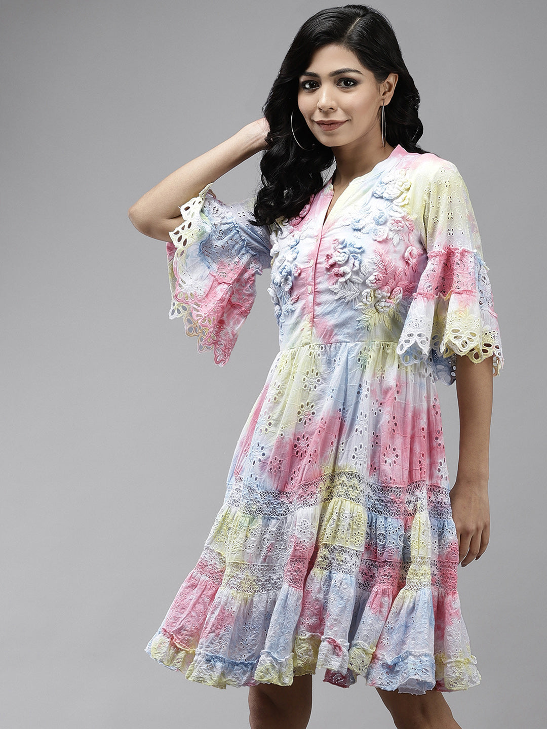 Ishin Women's Cotton Multicolor Schiffli Embroidered A-Line Tie & Dye Dress
