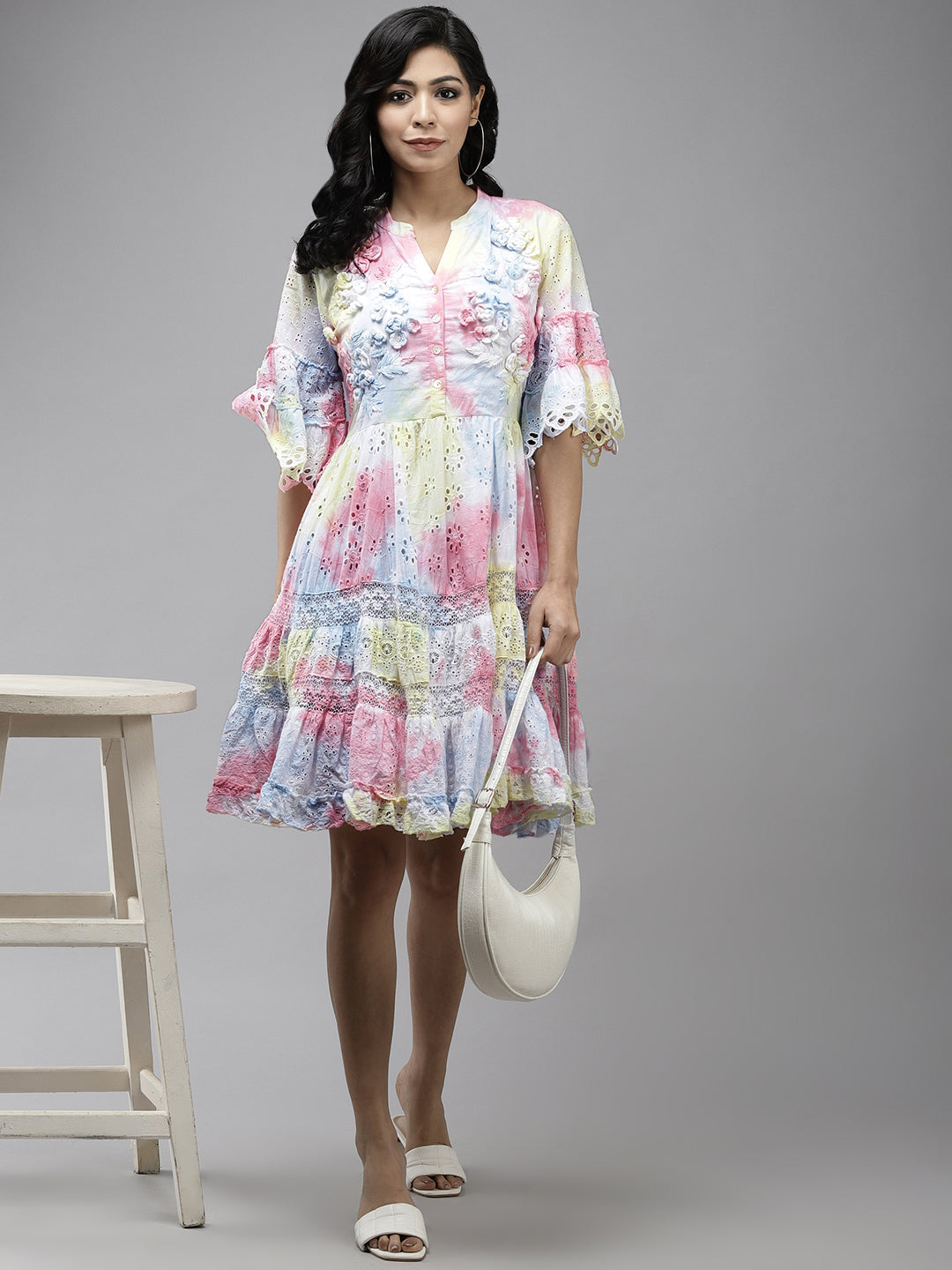 Ishin Women's Cotton Multicolor Schiffli Embroidered A-Line Tie & Dye Dress