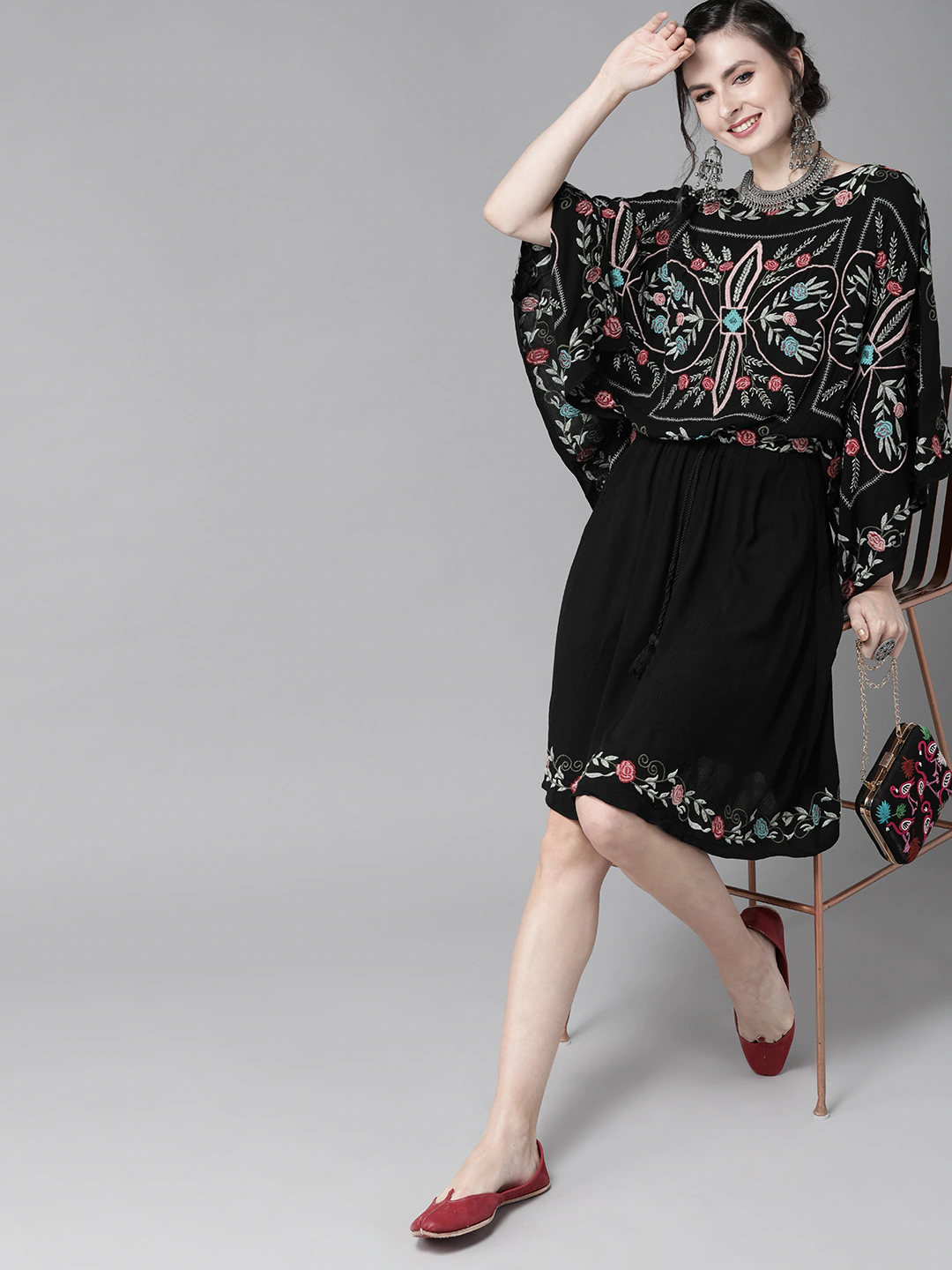 Ishin Women's Cotton Black Embroidered Kaftan Dress