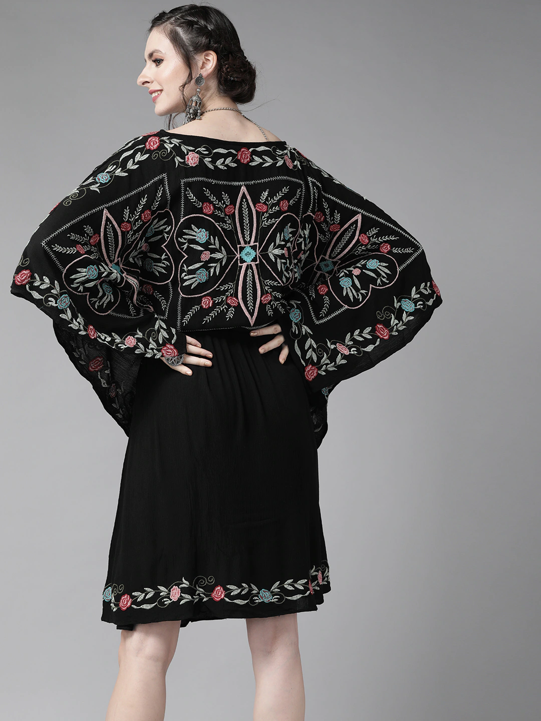 Ishin Women's Cotton Black Embroidered Kaftan Dress