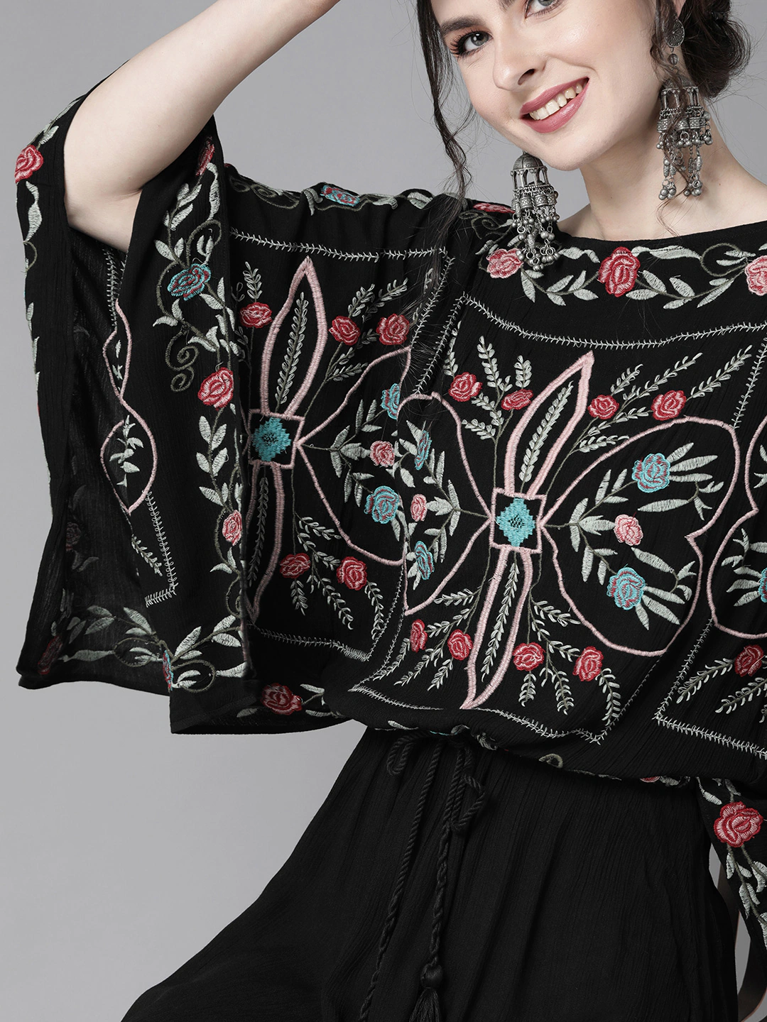 Ishin Women's Cotton Black Embroidered Kaftan Dress