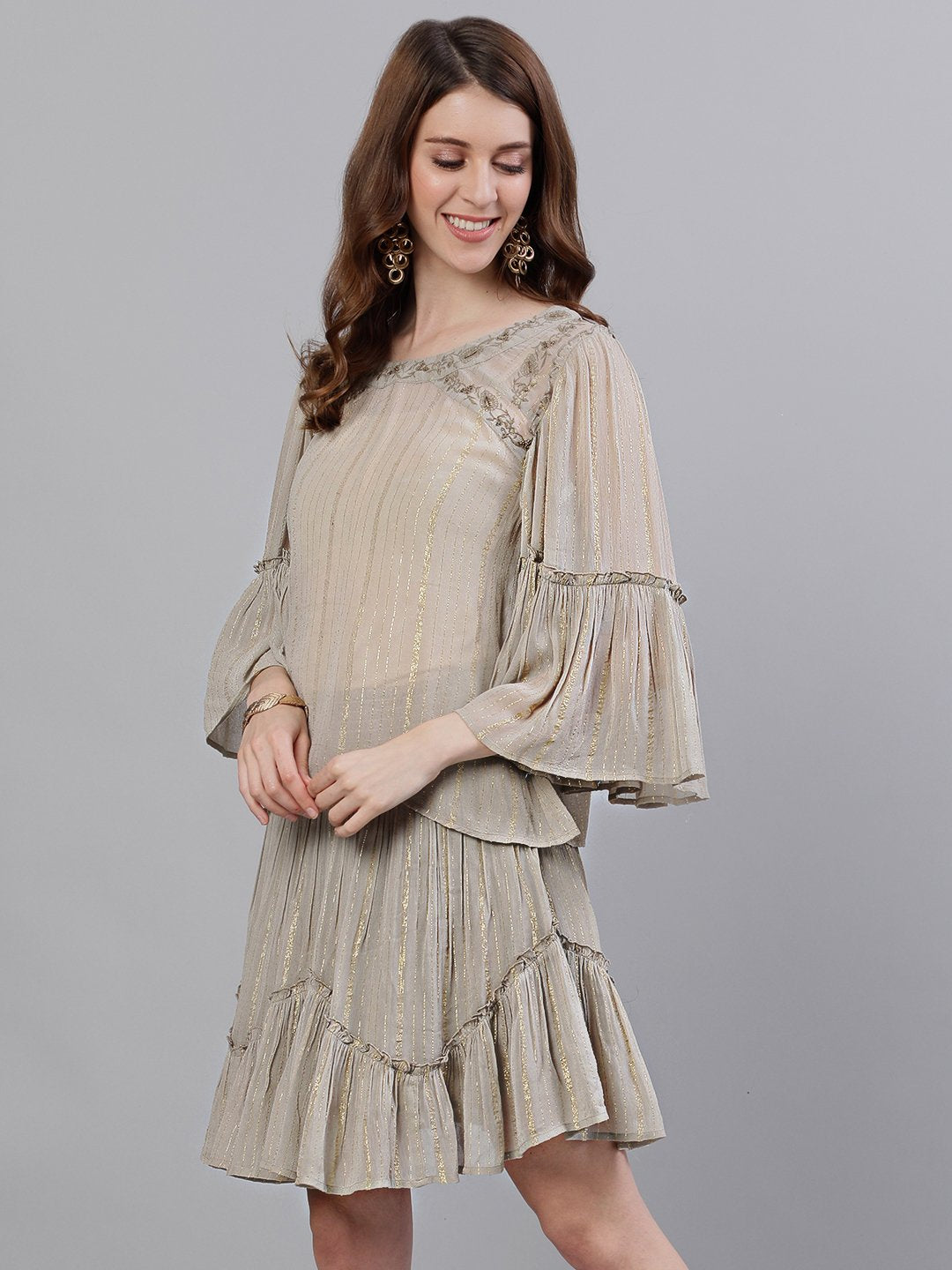 Ishin Women's Georgette Beige Lurex Embroidered Two Piece Dress
