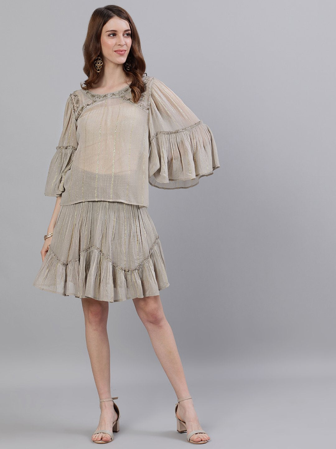 Ishin Women's Georgette Beige Lurex Embroidered Two Piece Dress