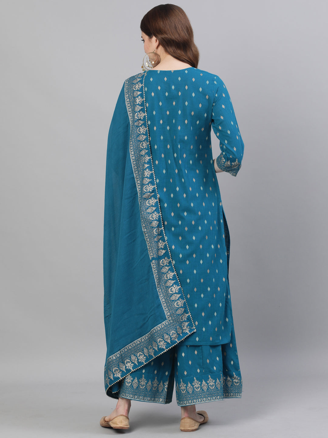 Ishin Women's Cotton Teal Yoke Design A-Line Kurta Sharara Dupatta Set