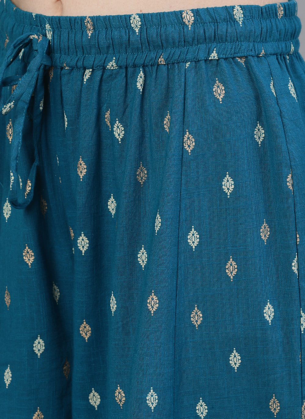 Ishin Women's Cotton Teal Yoke Design A-Line Kurta Sharara Dupatta Set