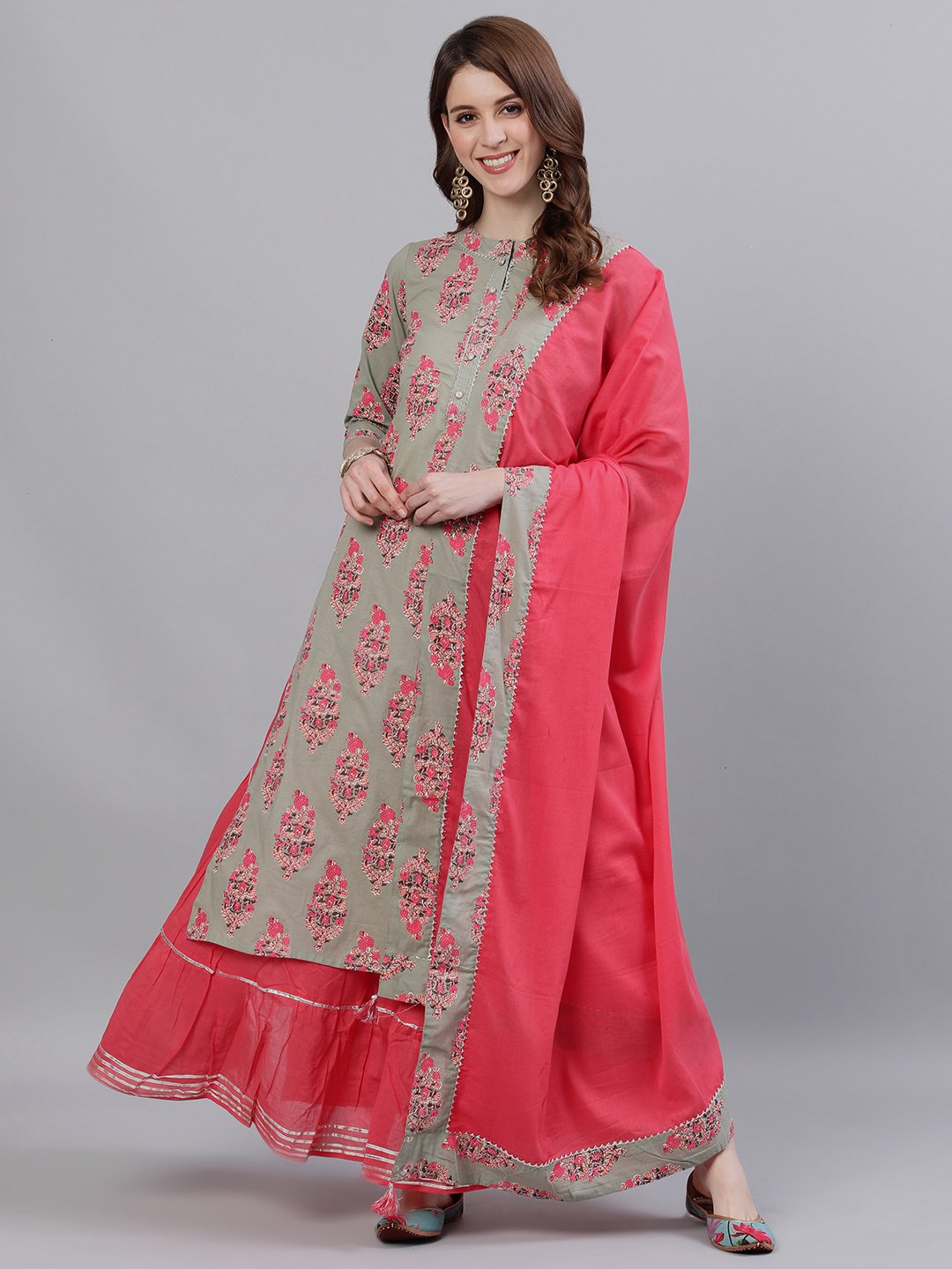 Ishin Women's Cotton Sea Green & Pink Gota Patti A-Line Kurta Skirt Dupatta Set