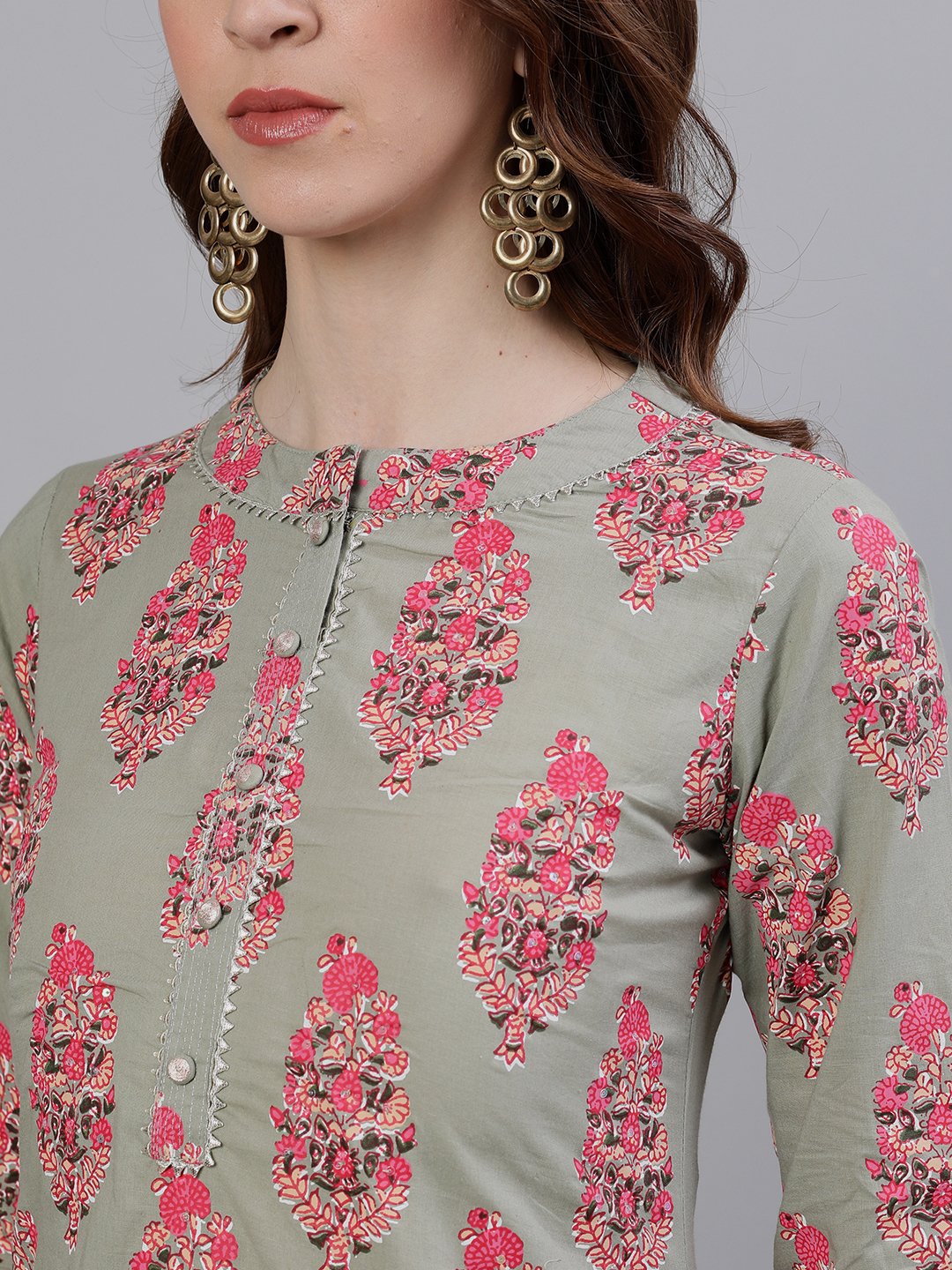 Ishin Women's Cotton Sea Green & Pink Gota Patti A-Line Kurta Skirt Dupatta Set