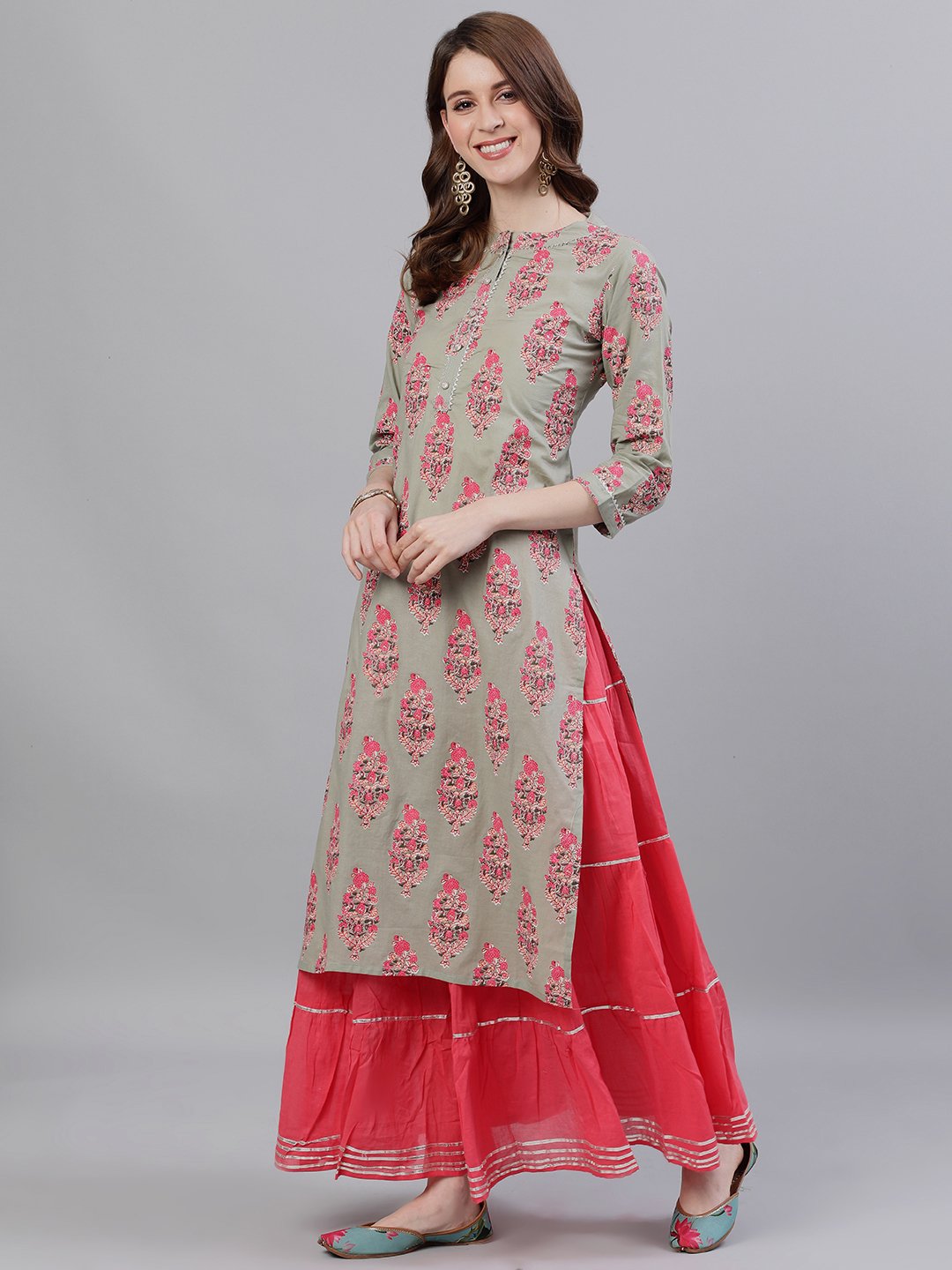 Ishin Women's Cotton Sea Green & Pink Gota Patti A-Line Kurta Skirt Dupatta Set