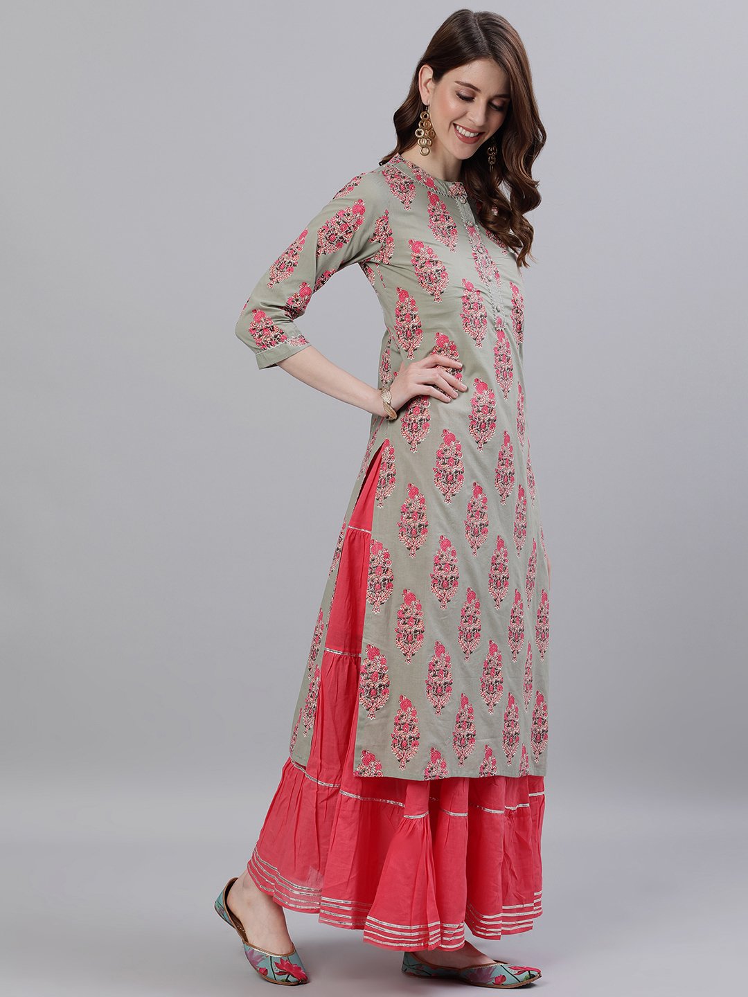 Ishin Women's Cotton Sea Green & Pink Gota Patti A-Line Kurta Skirt Dupatta Set