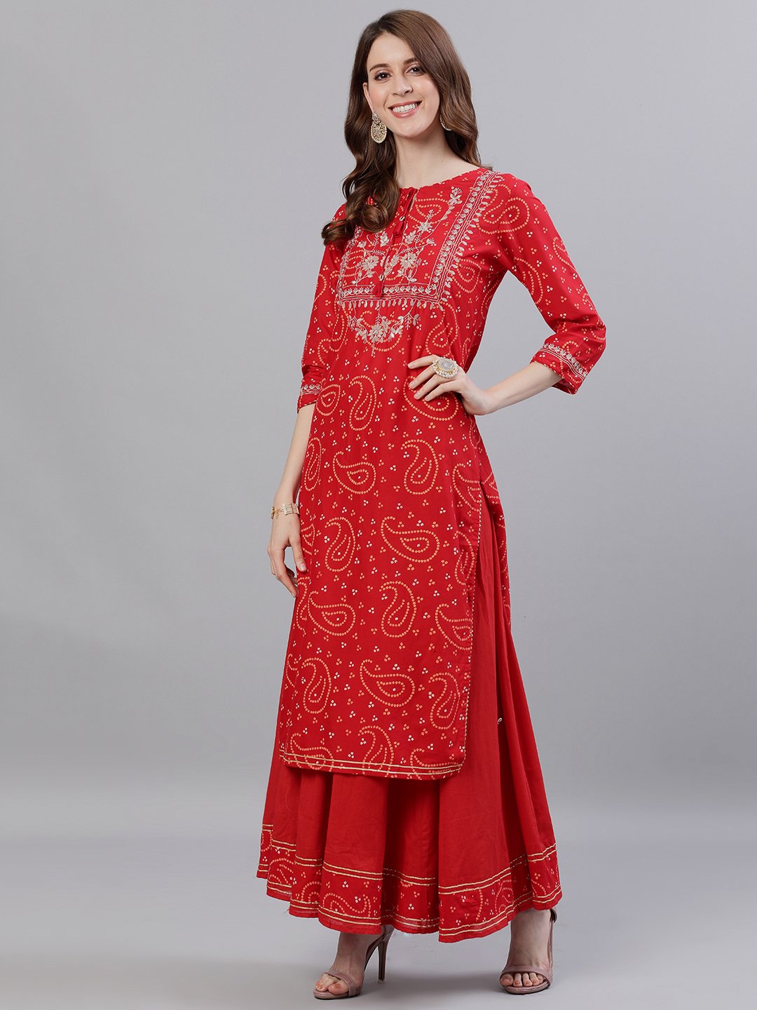 Graceful Red cotton printed with Zari embroidery Straight fit kurta set with dupatta