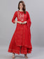 Ishin Women's Cotton Red Bandhani Embroidered A-Line Kurta Sharara Dupattta Set