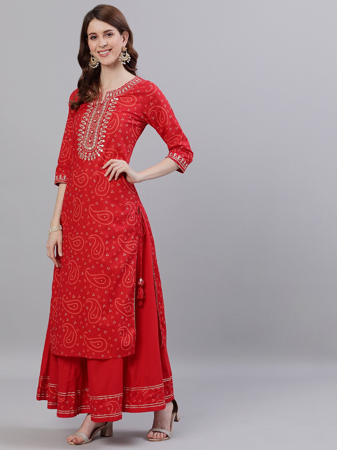 Ishin Women's Cotton Red Bandhani Embroidered A-Line Kurta Sharara Dupattta Set