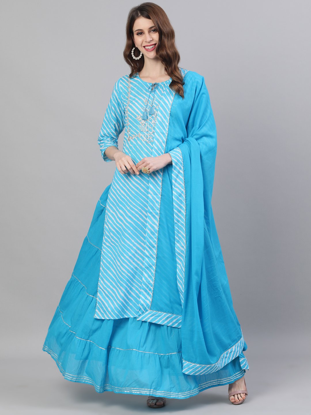 Ishin Women's Cotton Blue Embroidered A-Line Leheriya Kurta Skirt Dupatta Set