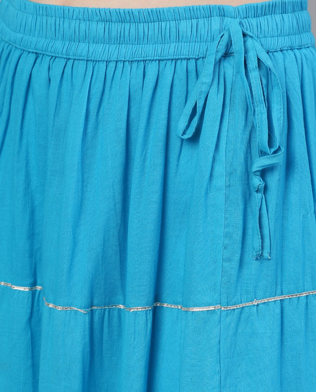Ishin Women's Cotton Blue Embroidered A-Line Leheriya Kurta Skirt Dupatta Set