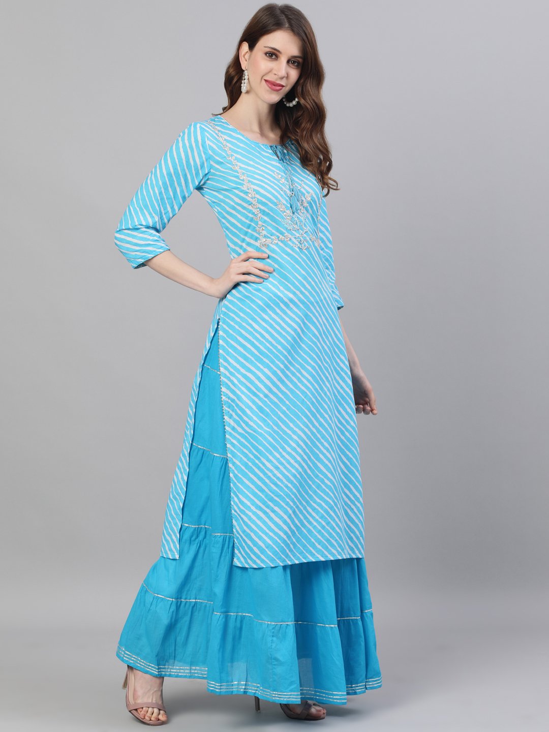 Buy Blue Georgette Leheriya Flared Ethnic Dress For Women – SCAKHI