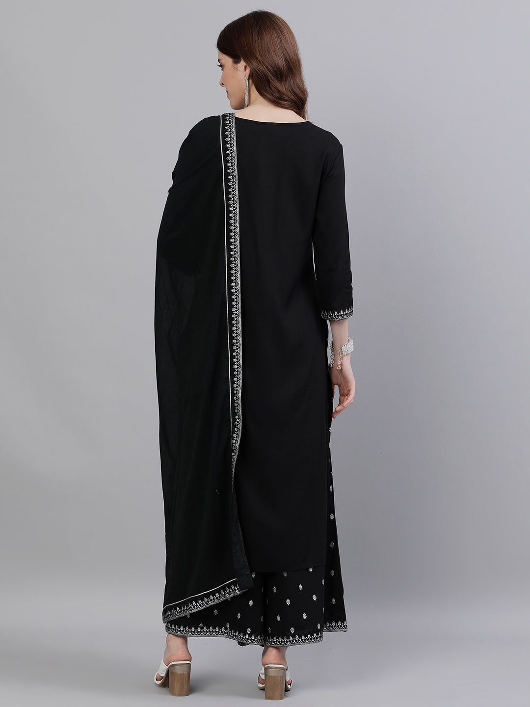 Ishin Women's Rayon Black Embroidered A-Line Kurta Palazzo Dupatta Set