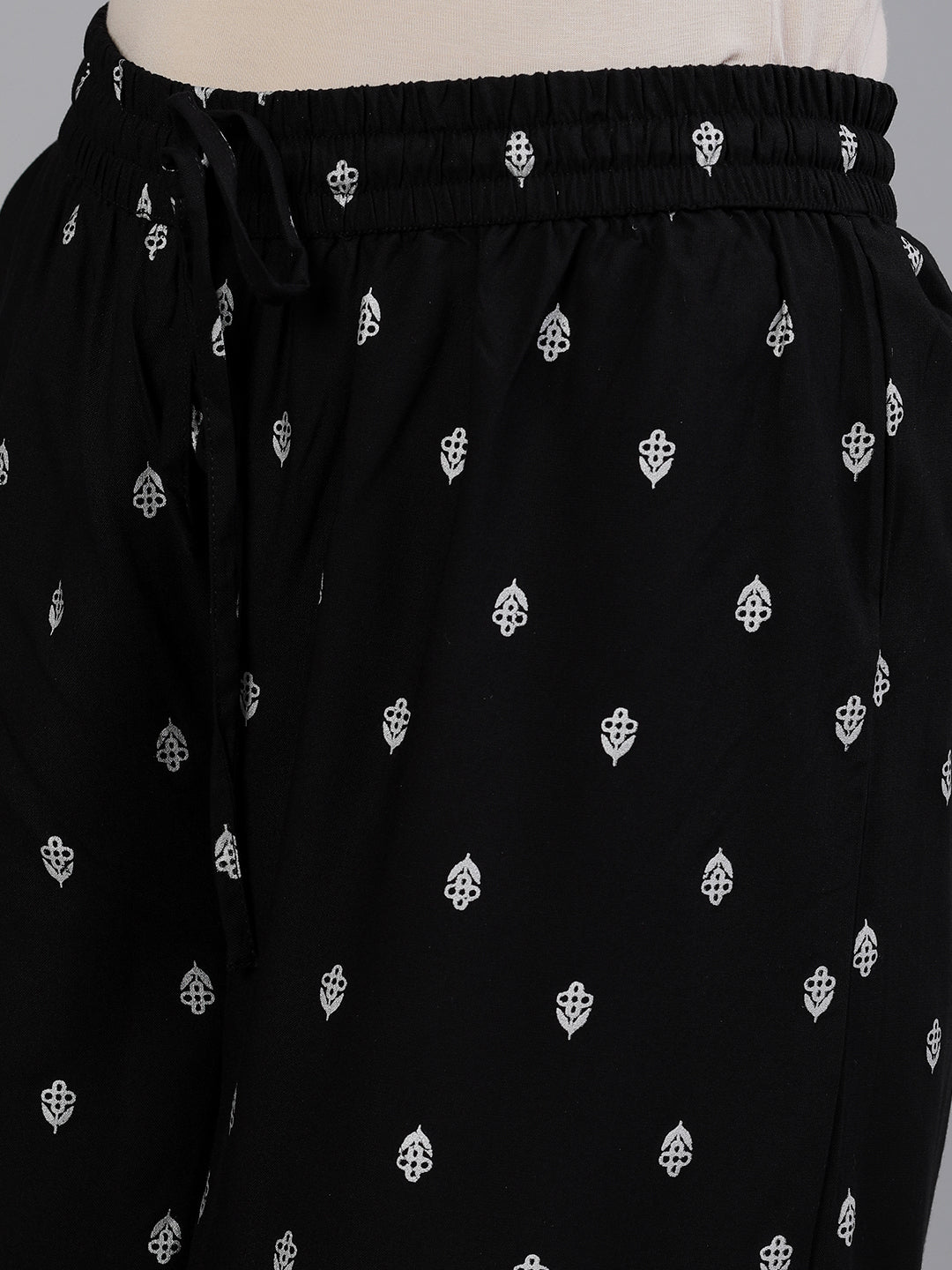 Ishin Women's Rayon Black Embroidered A-Line Kurta Palazzo Dupatta Set