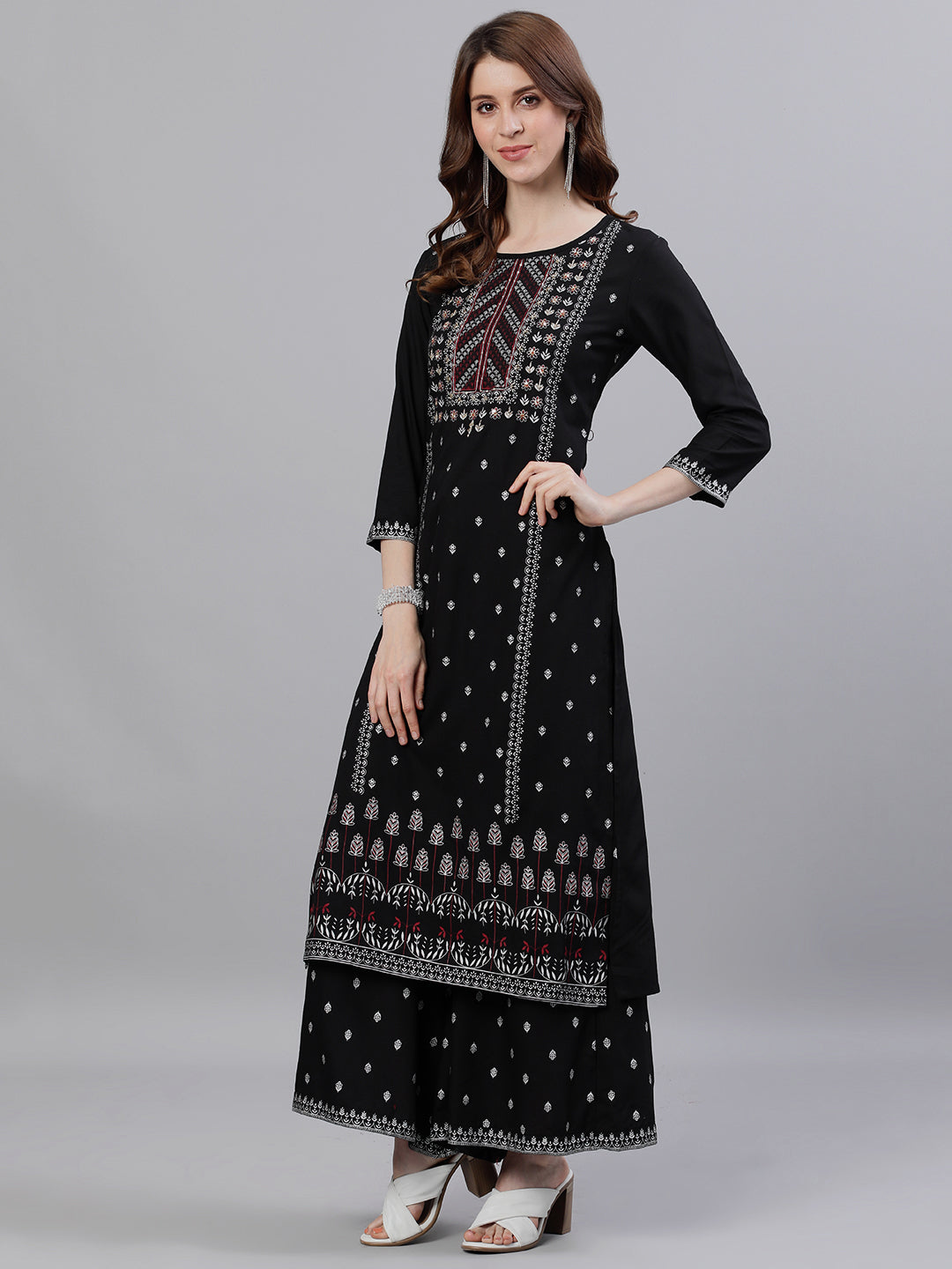 Graceful Black cotton printed with embroidery Straight Fit kurta set with dupatta