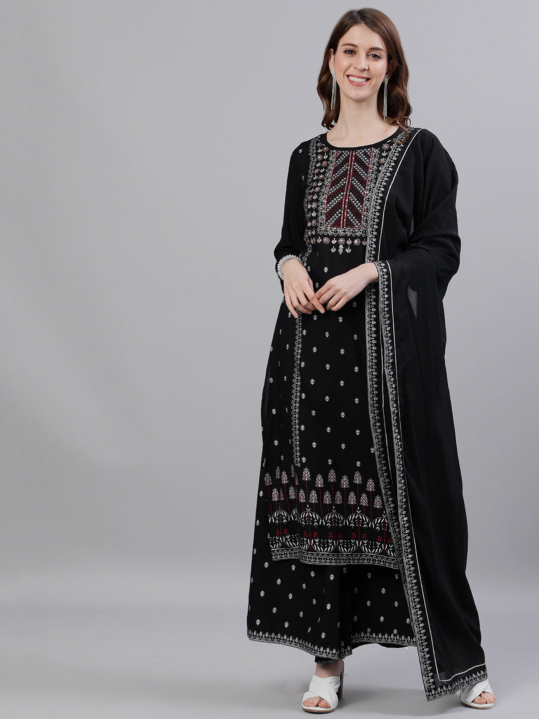 Ishin Women's Rayon Black Embroidered A-Line Kurta Palazzo Dupatta Set