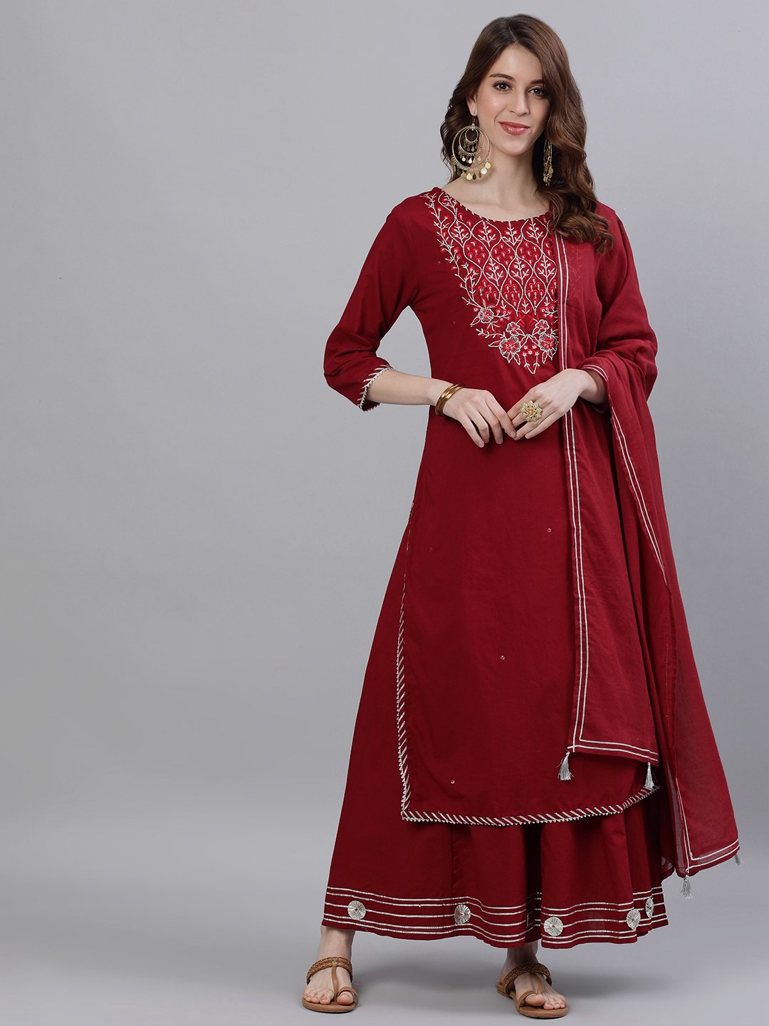 Ishin Women's Cotton Maroon Embroidered A-Line Kurta Sharara Dupatta Set